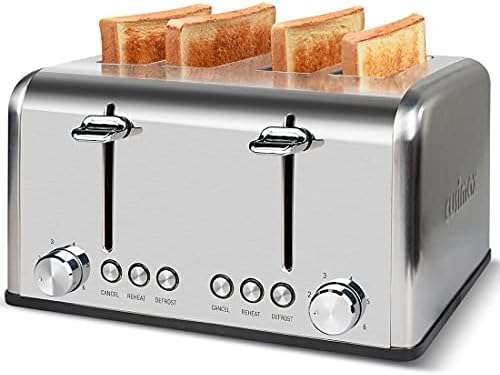 Toaster 4 Slices, Cusimax Stainless Steel Toaster with 4 Extra-Wide Bread Slots and 6 Variable Browning Shade Controls, Featuring with Defrost, Reheat and Cancel Settings, Removable Crumb Tray