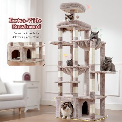 Image of Heybly Cat Tree, 71-Inch Tall Cat Tower for Large Maine Coon Cats with Extra-Large Baseboard, Cat Condo Furniture with Multi-Level Platforms, 2 Hammocks and 12 Scratching Posts, Muchroom HCT037MU