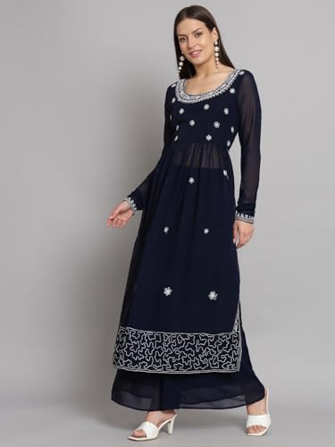 Image of PH POSHAKHUB Women A-Line Nyra Cut Kurta with Sharara in Georgette with Aari Work