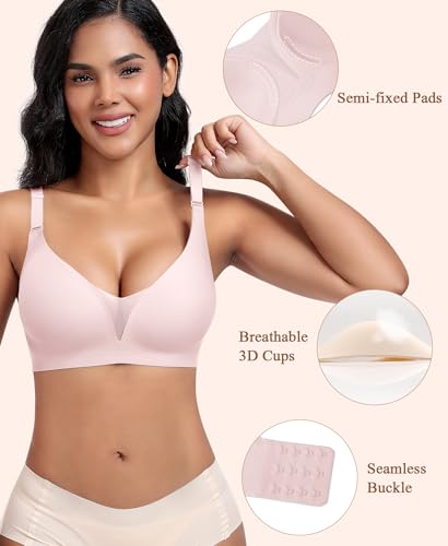 Image of DOCUMO Bras for Women Mesh V Neck No Underwire Soft Wireless Bra Everyday with Lift Push Up Seamless Bralettes for Women with Bra Extender(Pink,Small)