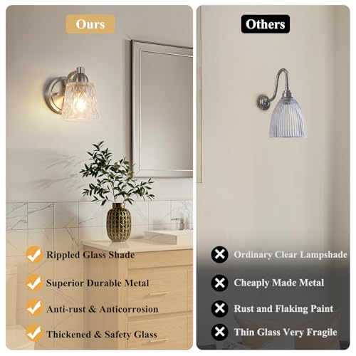 Image of Mecgirn Stainless Steel Bathroom Vanity Light Over Mirror, 1 Light Brushed Nickel Bathroom Light Fixtures with Textured Glass Shades, Modern Vanity Lighting Wall Mount