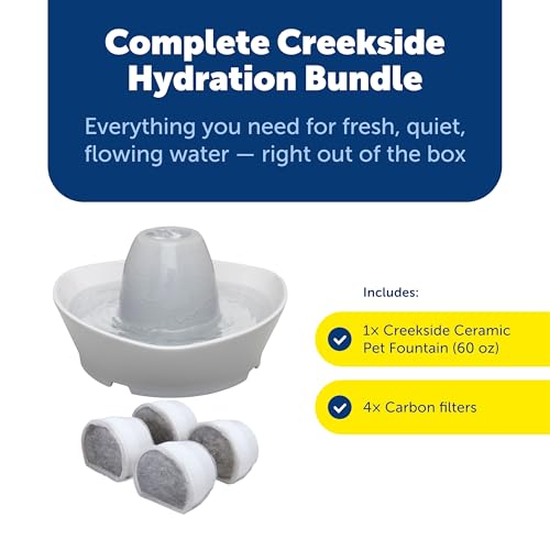 Image of PetSafe Ceramic Pet Fountain with 4-Pack of Carbon Filters for Cats and Small Dogs 60 Oz Water Capacity Whisper-Quiet Water Flow Great for Shy or Timid Pets Fresh, Filtered Water