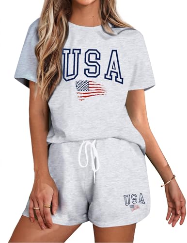 Image of VILOVE 4th of July 2 Piece Sequin Outfits Women Star Stripe Shirts and Short Sets Casual Patriotic Shirt Summer Set