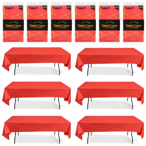 Red Plastic Tablecloth for Parties Disposable Pack of 6, Thick Red Tablecloth Plastic Good for Wedding, Birthday, Picnic, also 12 Clips for red disposable tablecloths rectangle tables - 54x108-in