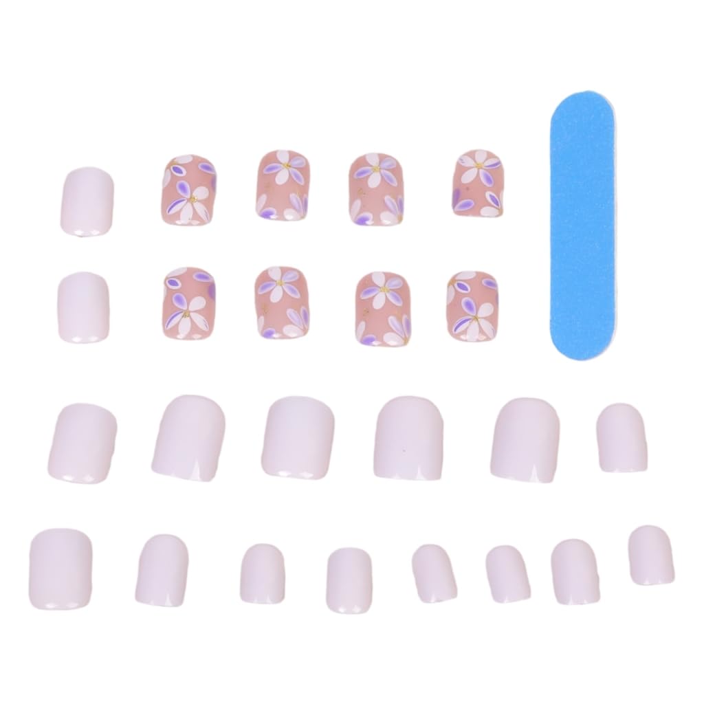 24x French Tip Full Covers False Nails Flowers Short Square Stick On Nails Acrylic Nails for Daily