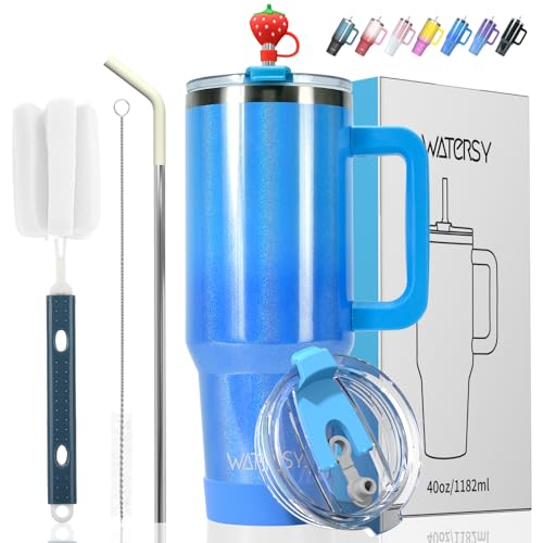 Image of 30 oz Shiny Tumbler with Handle and Straw,Stainless Steel Tumbler with Lid and Straw,Insulated Travel Mug(Cold for 34 Hours),Water Bottle for Iced Tea,Coffee (Blue)