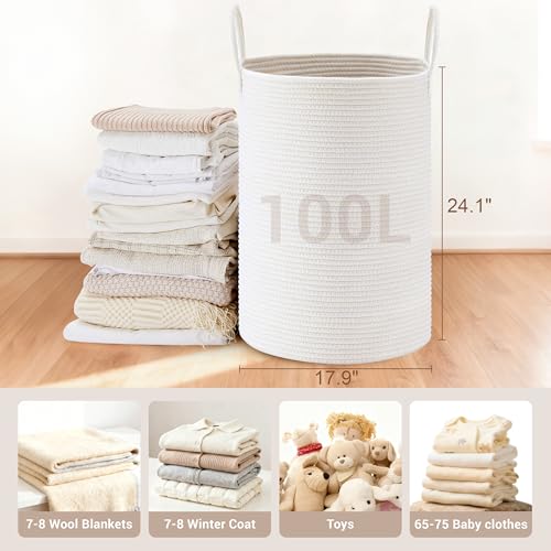 Image of 100L Extra Large Tall Cotton Rope Laundry Basket with Handle, White