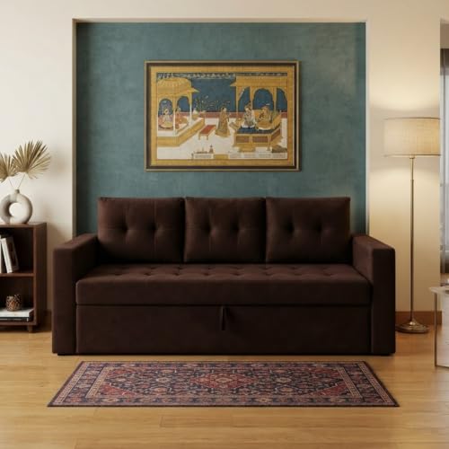 Image of FURNY Tressa 3 Seater Fabric Pull-Out Sofa Cum Bed Function (Dark Brown) | Luxury Velvet Suede Finish | Durable Comfort Sofa Bed for Modern Living Room & Office Spaces