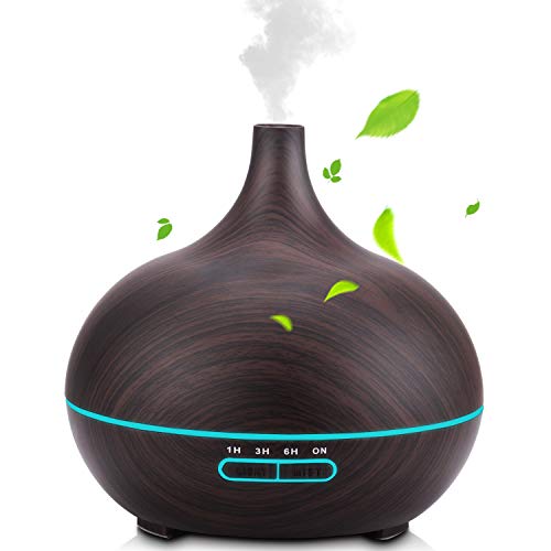 PEMOTech Diffuseur Huiles Essentielles,350ml Humidificateur d'air ultrasonique avec 7 lumières colorées,Fonction d'arrêt Automatique de l'eau pour Bureau,Maison,sallon,Yoga et Spa(Brun foncé)