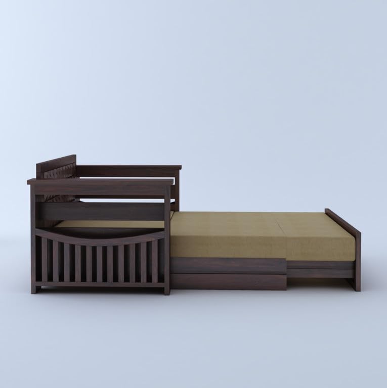 Image of Solid Sheesham Wood Sofa Cum Bed 2 Seater | Wooden Foldable Double Bed for Living Room with Storage | Bed Cum Sofa with Mattress for Home | Full Diamond Design (Walnut Finish)