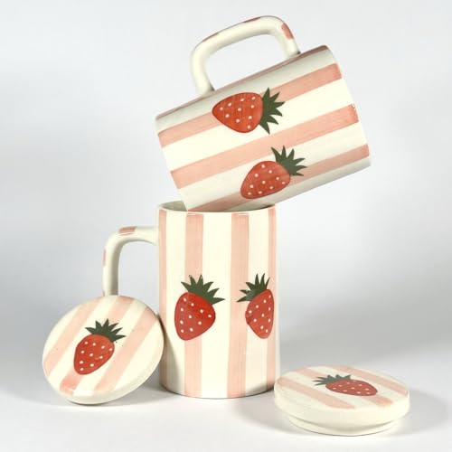 Image of SNS Handmade Ceramic Tumbler Mug with Lid (Pack of 2) | Coffee, Tea, Iced Beverage & Juice Cup | Hot & Cold Drinkware | Aesthetic Designer Mug for Home, Office & Gifting (Strawberry Bliss Mug)