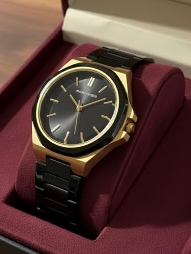 Image of AMERICANVIBER Modern Analog Watch, Silver and Black Two-Tone Stainless Steel Band, Octagonal Case, White Dial for Men
