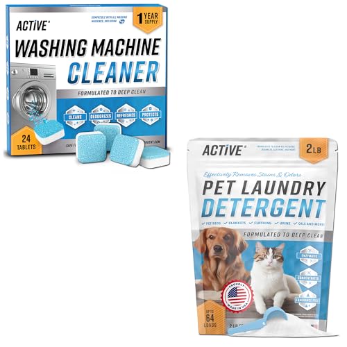 ACTIVE Pet Laundry Detergent and Washing Machine Cleaner Tablets - Includes 2lb Pet Odor Detergent Powder and 24ct Washing Machine Cleaning Tablets