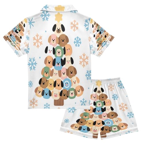 Satin Pajama Sets Short Sleeve Christmas Tree with Dogs Button Down Silky Nightwear 2 Piece PJS 5-14Y2