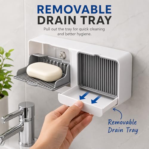 Image of Wall Mounted Soap Holder with Removable Drain Tray for Bathroom Kitchen Wash Basin | Self Draining Plastic Soap Dish | Adhesive No Drill Double Layer Soap Box Holder (Pack of 1)