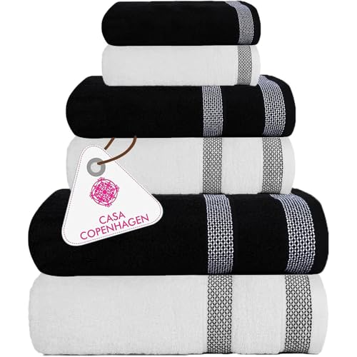 Casa Copenhagen Solitaire Mix-Handtuch 600 g/m² Handtuch aus ägyptischer Baumwolle für Hotel, Spa, Küche und Badezimmer, 6-teiliges Set mit 2 Bade, 2 Händen, 2 Waschlappen – Weiß + Schwarz