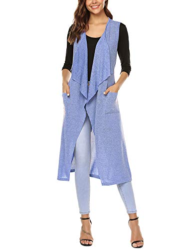 URRU Women Solid Color Sleeveless Asymetric Hem Open Front Drape Long Cardigan Vest Blue L