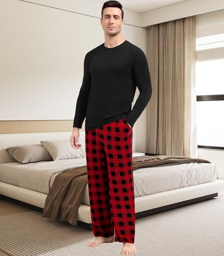 Image of NACHILA Pajamas for Men-Viscose Made from Bamboo, Long Sleeve Pajamas Set Comfy Sleepwear Pants Soft V Neck Pjs with Pockets