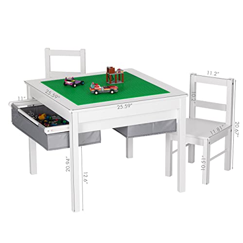 Utex Wooden 2 In 1 Kids Construction Play Table And 2 Chairs Set With Storage Drawers, And Built In Plate Compatible With Lego And Duplo Bricks (White With Grey Drawers) #TOP6