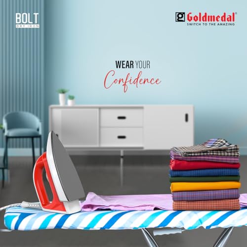 Image of Goldmedal Bolt 1000W Dry Iron | Non-stick Weilburger Premium Double Coated Soleplate | 5 Fabric Setting |1.8 Meter Cord | Thermal Fuse For Additional Safety| 2.5 Years Warranty | Light Weight (Red)