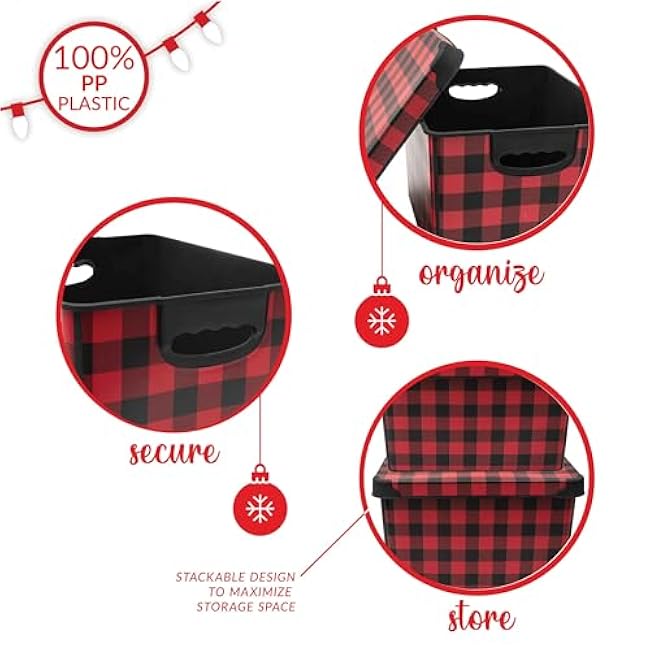 Simplify Checkered Design Storage Bin | Christmas Tote | Holiday D¨¦cor Decorations Organizer | Buffalo Plaid Design | Lidded | Stackable | Black and Red