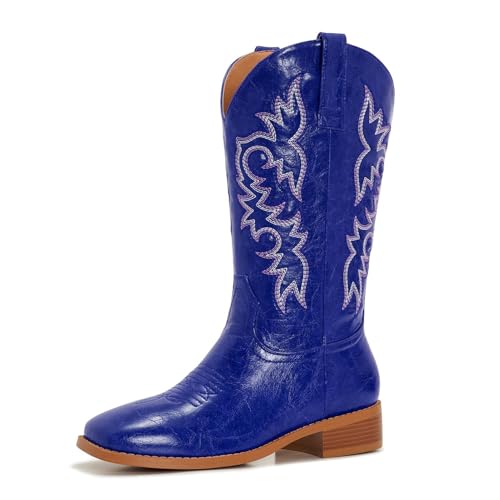 Image of Cowgirl Boots Square Toe Cowboy Boots For Women Ladies Mid Calf Low Heel Flat
