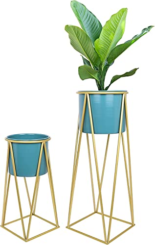 Image of AMASS HANDICRAFTS Planters for Indoor Plants Metal Planters with Stands & Indoor Plant Pots for Indoor Plants & Mid Century Plant Stands with Pots & Plant Pots Indoor Planter Set of 2 (Blue)
