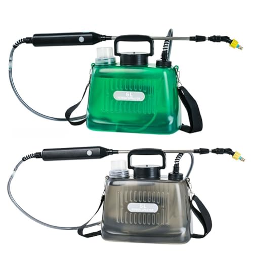 FUANA Pulverizador eléctrico de jardín de 5 litros alimentado por batería de 2200 mAh, control de niebla de 3 velocidades con 5 boquillas intercambiables, varita extensible de 8.6 a 32 pulgadas