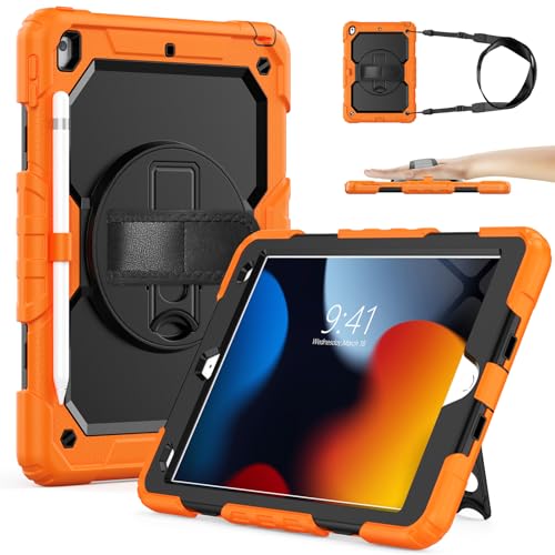 SIBEITU Case Compatible with iPad 9th/8th/7th Generation with Screen Protector Pen Holder, iPad Case 10.2 Inch, Heavy Duty Protection Cover W/Stand Hand Shoulder Strap for iPad A2602 A2197