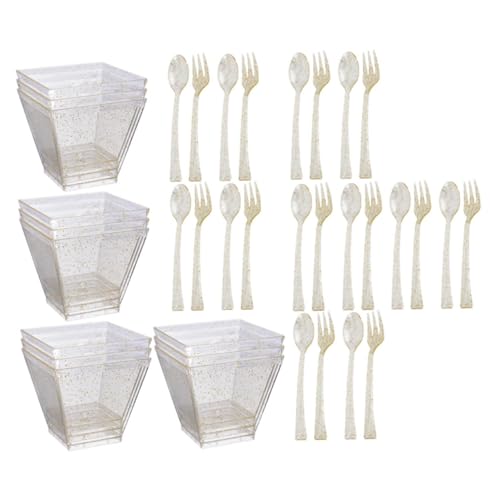 Abaodam 使い捨てデザートカップ ゴールドラメ 小四角プラスチック容器 パーティー食器 バンケット用使い捨てカトラリー