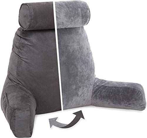 Husband Pillow Xxl Aspen Edition, Adult Reading Sit Up Bed Rest Pillow For Bed With Arms & Neck Roll On Bungee Cord - Premium Memory Foam - Reversible 2 Sided Cover Micro Suede Or Plush, Iron Grey #TOP19