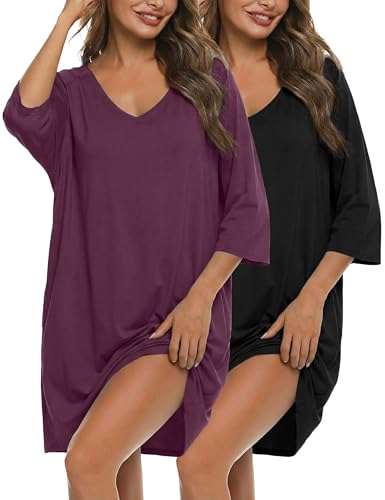 Bresdk 2er Schlafshirt Damen Sleepshirt Kurzarm V Ausschnitt Bequemes Bigshirt Homewear Nachthemd Schwarz Lila XXL