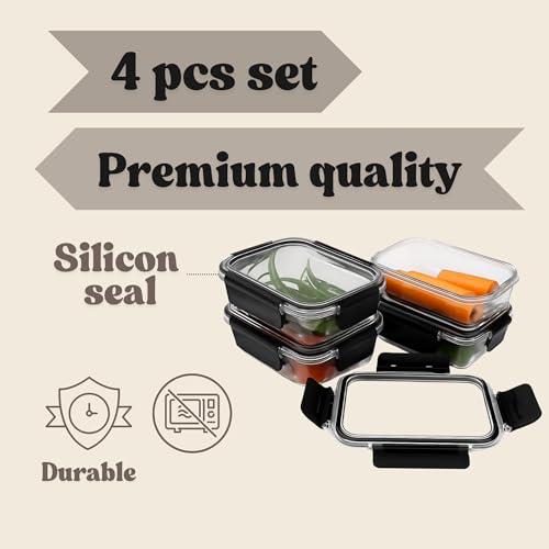 Image of PET Transparent Storage Containers Set of 4 (300 ml) | Airtight Small Kitchen Boxes for Spices, Snacks, Dry Fruits | Stackable, Freezer & Dishwasher Safe | Black set