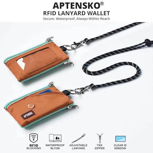 Image of RFID Blocking Travel Wallet with Adjustable Lanyard, Small Nylon Zipper Pouch and Badge Holder for ID, Credit Cards, Cash, Keys, Commuters (Rust)