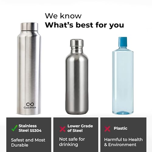 Image of Stainless Steel Water Bottle 1 litre | Food grade SS - 304 (BIS certified) | Water bottle for Office, Home, Kids and Outdoors | Light, Durable and Leak-proof | Single Wall (1)