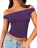 ForeFair Womens Off The Shoulder Tops Going Out Crop Top Slim Fitted Shirts Double Lined Summer Outfits Y2K Cute Tops Dark Purple,S