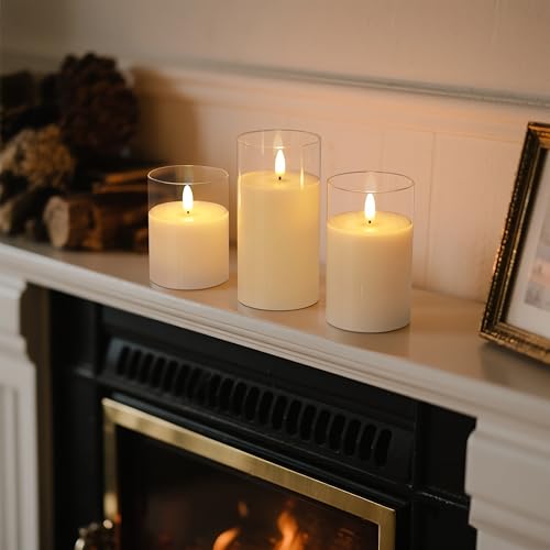 Image of Clear Glass 3-Pack Flameless LED Pillar Candles with Remote | White Wax Battery Operated LED Pillar Candle with Timer Adjusting Brightness Lighting Modesfor Party Wedding Home Decoration