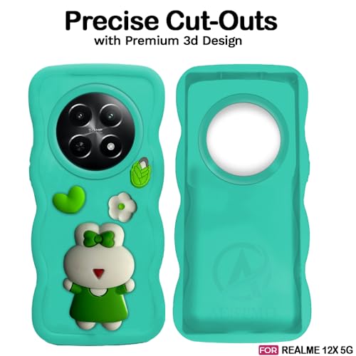 Image of AESTMO Back Case Cover for Realme 12 / 12X / C65 / Narzo 70X | 3D Cute Fun Cartoon Characters | Anti Slip Grip Cute Wave Curly Frame Shape | Back Cover for Realme 12 / 12X / C65 /Narzo 70X (MintGreen)