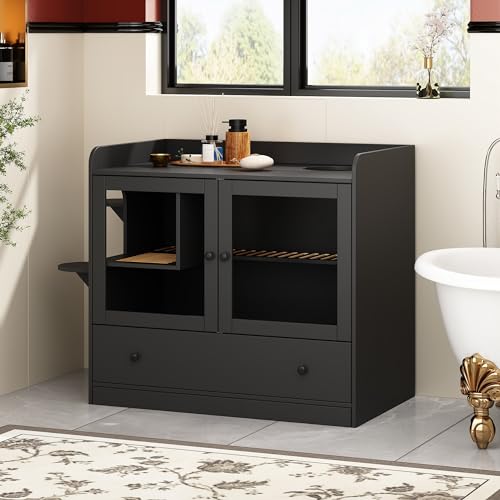 DAWNSPACES Extra Large Cat Litter Box Enclosure Furniture Hidden, Cat Condo Cabinet Pet House with Stairs for 2, Nightstand Side Table witha Large Drawer for Living Room, Black - Thumbnail 6
