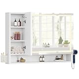 YITAHOME Spiegelschrank Bad mit Beleuchtung, LED Badezimmer Spiegelschrank mit 3 Türen, Steckdosen, Wandschrank, Badezimmerspiegel, Hängender Badezimmerschrank, 100W x 15D x 75H cm, Weiß