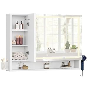 YITAHOME Spiegelschrank Bad mit Beleuchtung, LED Badezimmer Spiegelschrank mit 3 Türen, Steckdosen, Wandschrank, Badezimmerspiegel, Hängender Badezimmerschrank, 100W x 15D x 75H cm, Weiß