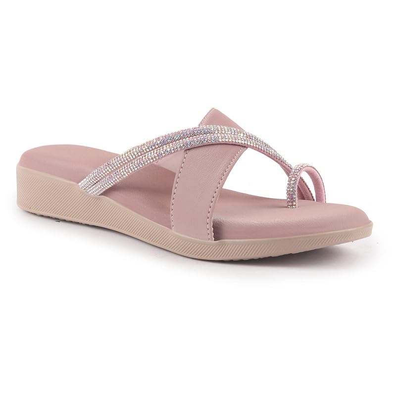 Image of FAUSTO Women Embellished Shimmery Cross Strap Toe Ring Wedding Slip On Slippers | Soft Cushioned Footbed Wedge Sandals | Party, Mehndi, Festive