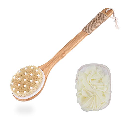 Body Brush for Wet or Dry Brushing, Long Handle Shower Brush with Natural Boar Bristles and Silicone Massage Nodes and Ramie Bath Sponge - Gentle Exfoliating, Good for Blood Circulation and Detox