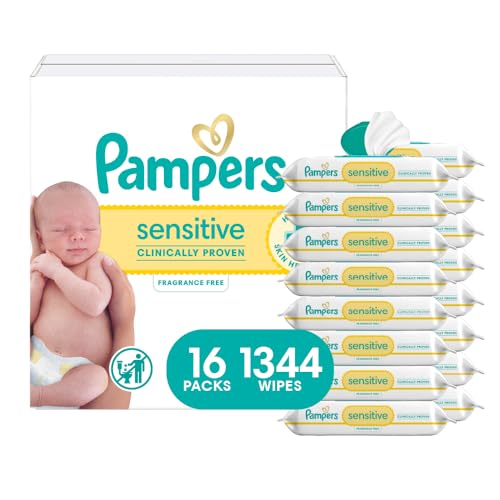 Pampers Baby Wipes, Sensitive, Water Based Wipe, Clinically Proven, Hypoallergenic, and Unscented for Babies, 1344 Wipes Total (16 Flip-Top Packs) [Packaging May Vary]