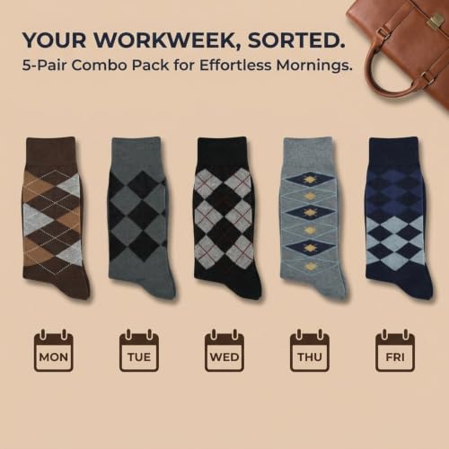 Image of ANCHOR, Cotton Argyle Socks for Men Full Length, Formal Cotton Mens Socks, Free Size, Pack of 5