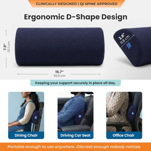 Image of D-Shaped Lumbar Support Roll | 5-Year Warranty | Premium Memory Foam | Medical Grade Back Cushion for Lower Back Pain, Sciatica & Spinal Alignment | Office Chair & Car Seat Lumbar Roll (Blue)