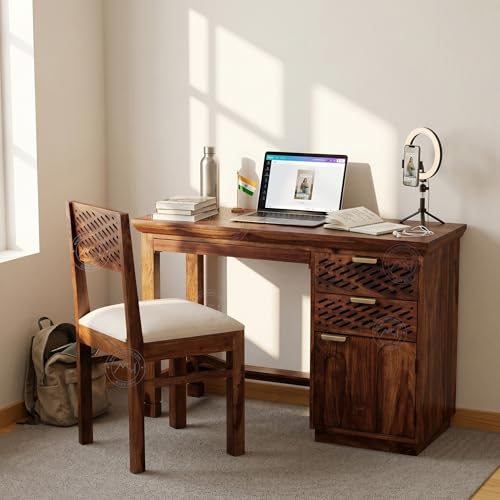 Image of NSH Solid Sheesham Wood Study Table with Chair | Wooden Writing Desk with Drawer & Door Storage | Pre-Assembled Computer Desk Workstation for Home Office & Study Room | Honey Finish