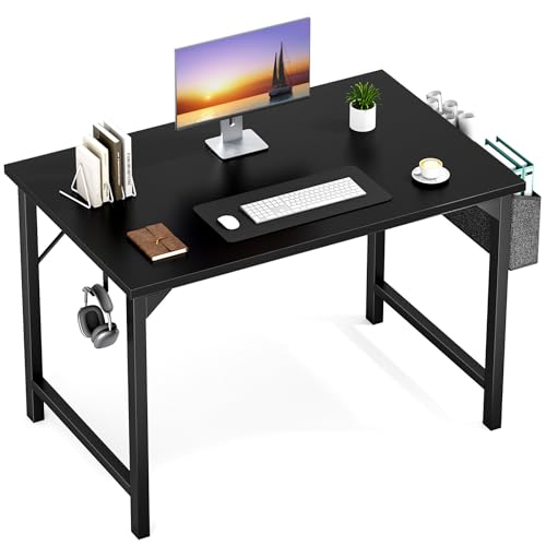OLIXIS Computer Small Office Desk 40 Inch Writing Study Work with Storage Bag, Headphone Hooks, Home Simple Modern Wood Kids Student Table - Black