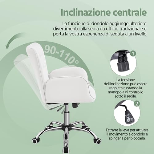 Sedia/Poltroncina da Ufficio Scrivania Bianca a Rotelle Girevole Imbottita in Similpelle Reclinabiale Ergonomica Altezza Regolabile - Sedia gaming - Immagine 5