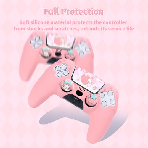 Image of Kuitmor Silicone PS5 Controller Cover Skin Set, Anti-Slip Soft Protective Case for PS5 Wireless Controller with 2 Thumb Grip Caps and 1 Sticker (Pink Melody)